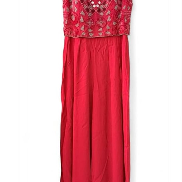 Alyce Designs Red Beaded Maxi Dress with Silver Sequins