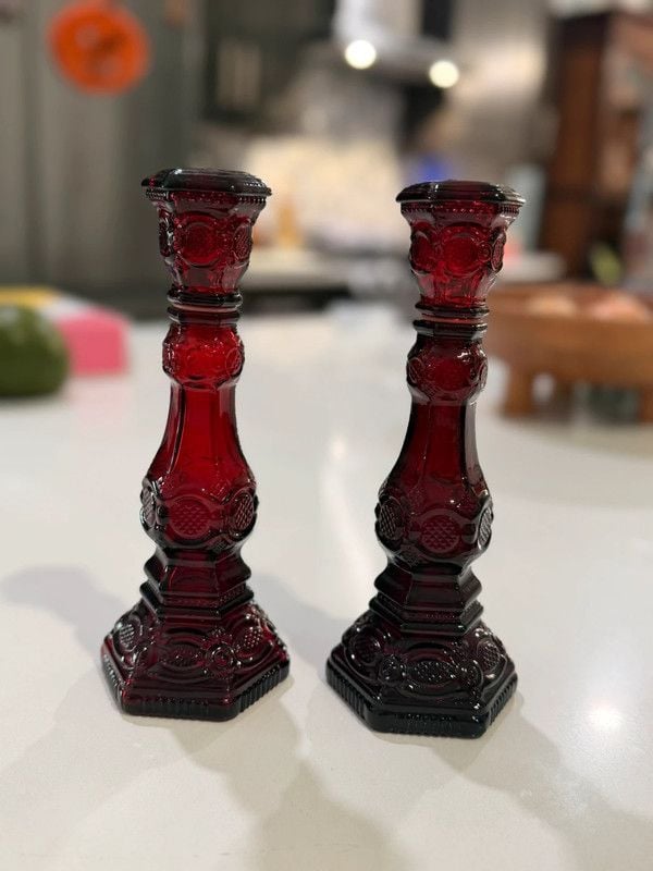 Beautiful pair of vintage Avon 1876 Cape Cod Collection ruby red glass candlestick bottles 1