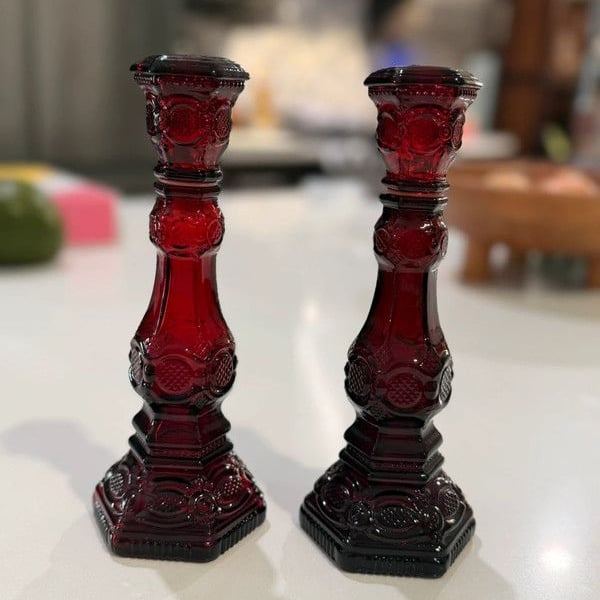 Beautiful pair of vintage Avon 1876 Cape Cod Collection ruby red glass candlestick bottles