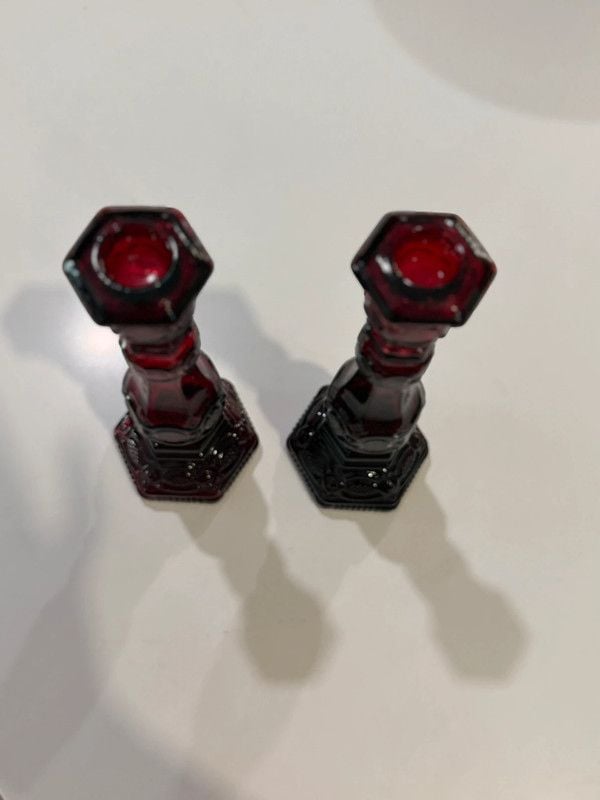 Beautiful pair of vintage Avon 1876 Cape Cod Collection ruby red glass candlestick bottles 2