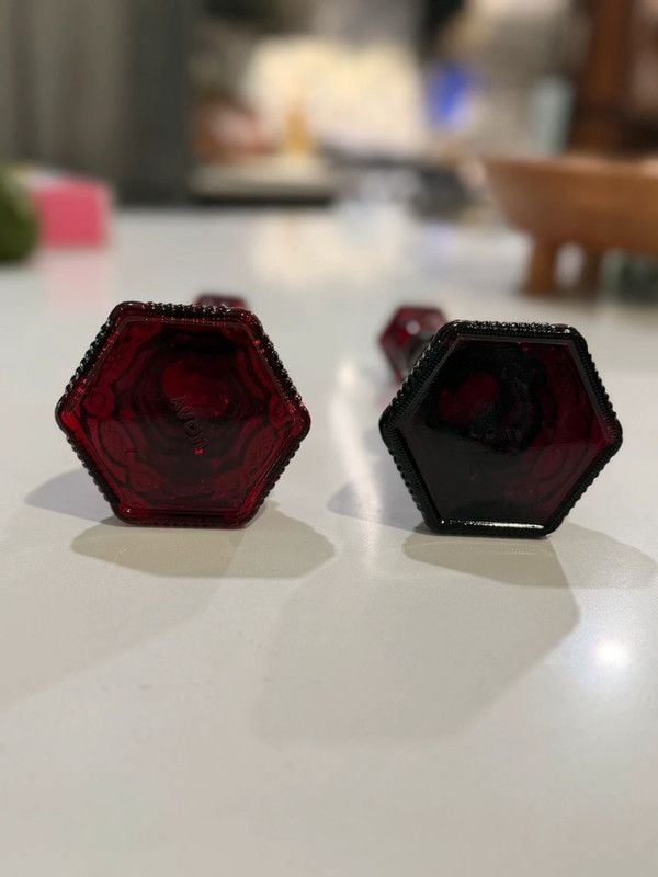 Beautiful pair of vintage Avon 1876 Cape Cod Collection ruby red glass candlestick bottles 3