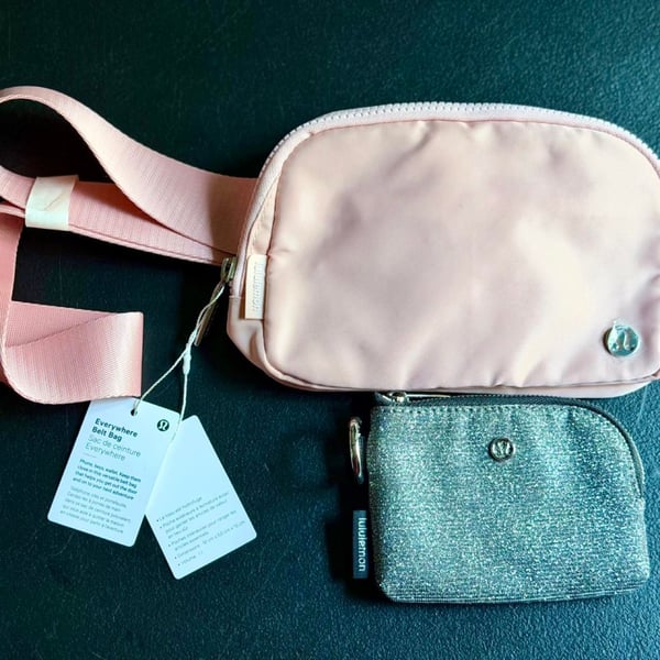 Lululemon Everywhere Belt Bag 1L Pink and Metallic Silver Clippable Card Pouch Set