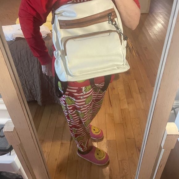 White and Brown Backpack with Textured Material and Multiple Compartments 7
