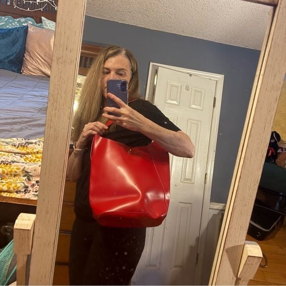 Red Leather Shoulder Tote Bag 4