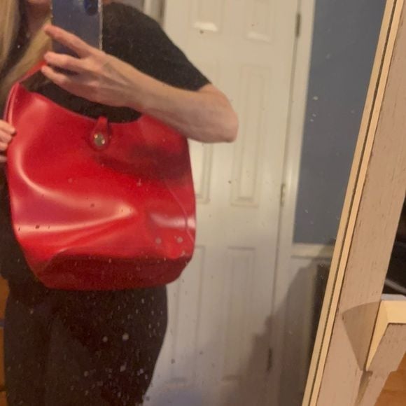 Red Leather Shoulder Tote Bag 5