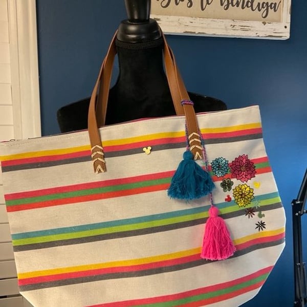 Striped Tote Bag with Tassels