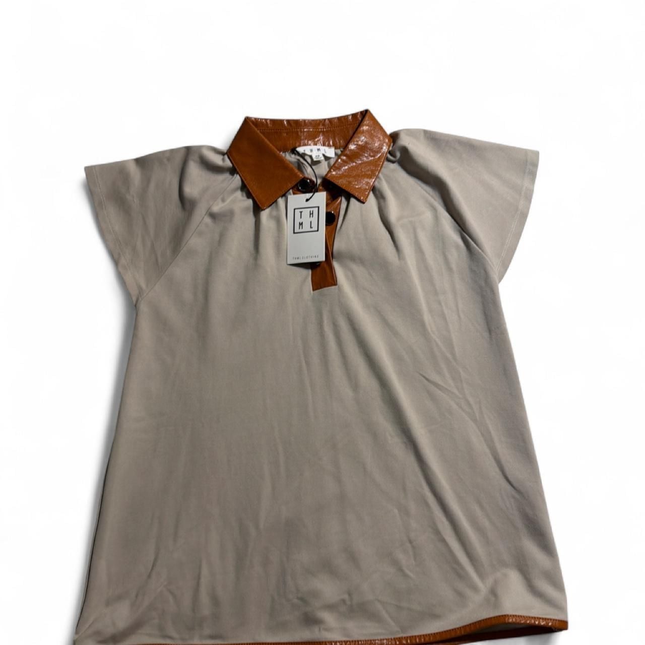 THML Clothing Faux Leather Trim Polo Blouse 2