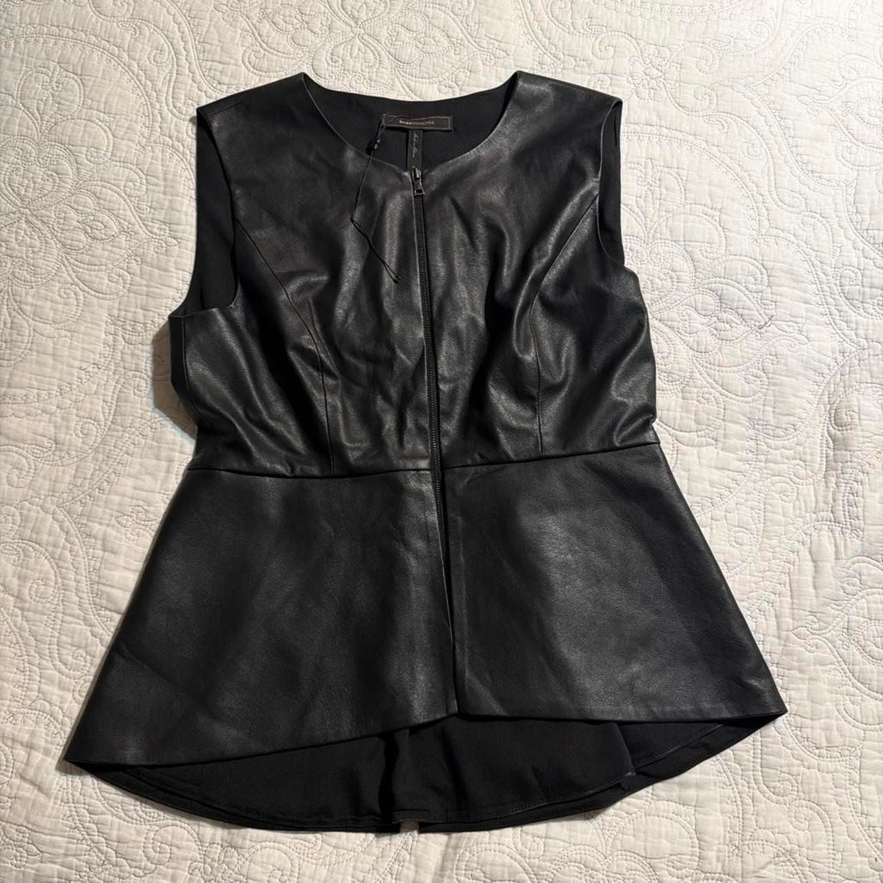 BCBGMAXAZRIA Black Faux Leather Peplum Zip Front Vest Top 2
