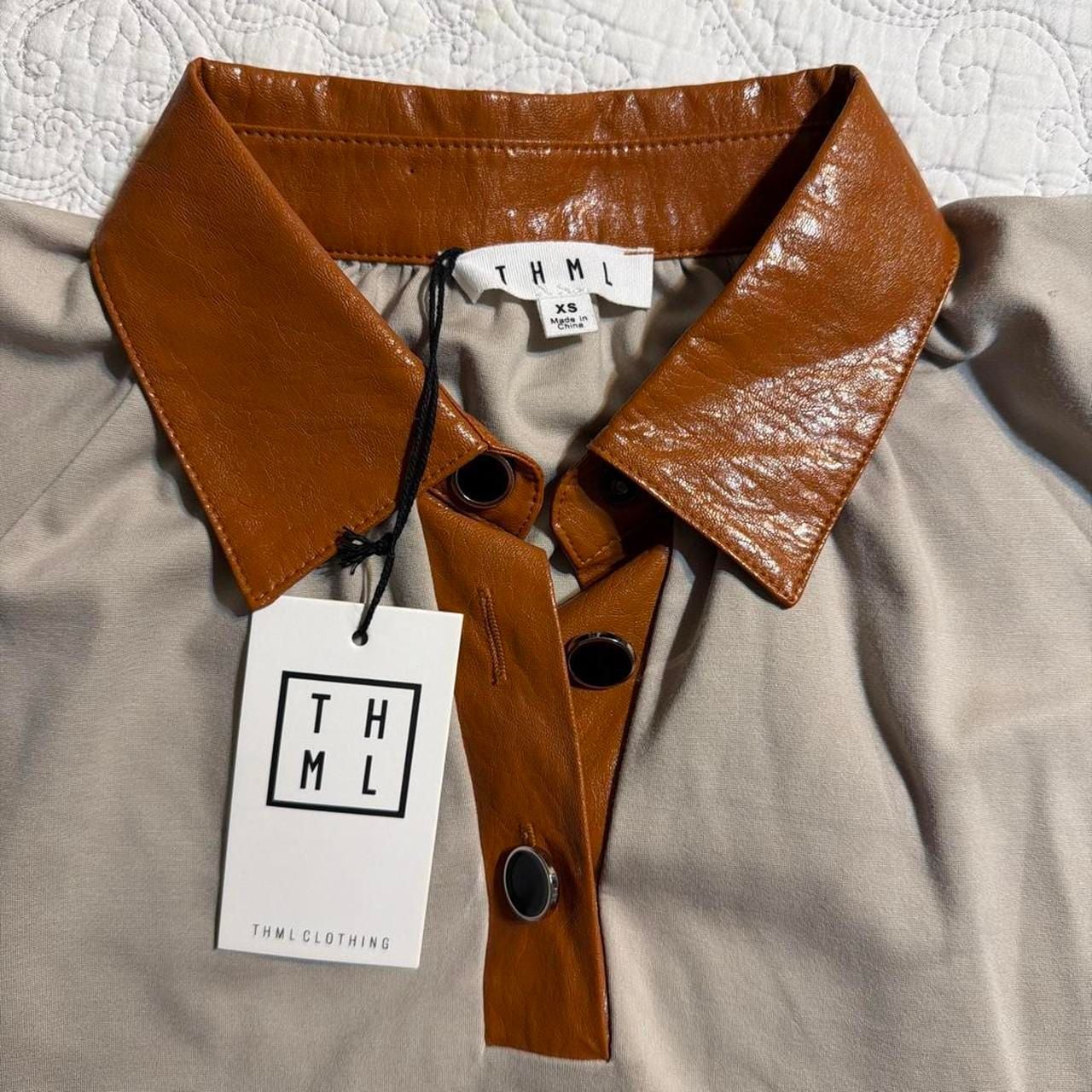 THML Clothing Faux Leather Trim Polo Blouse 3