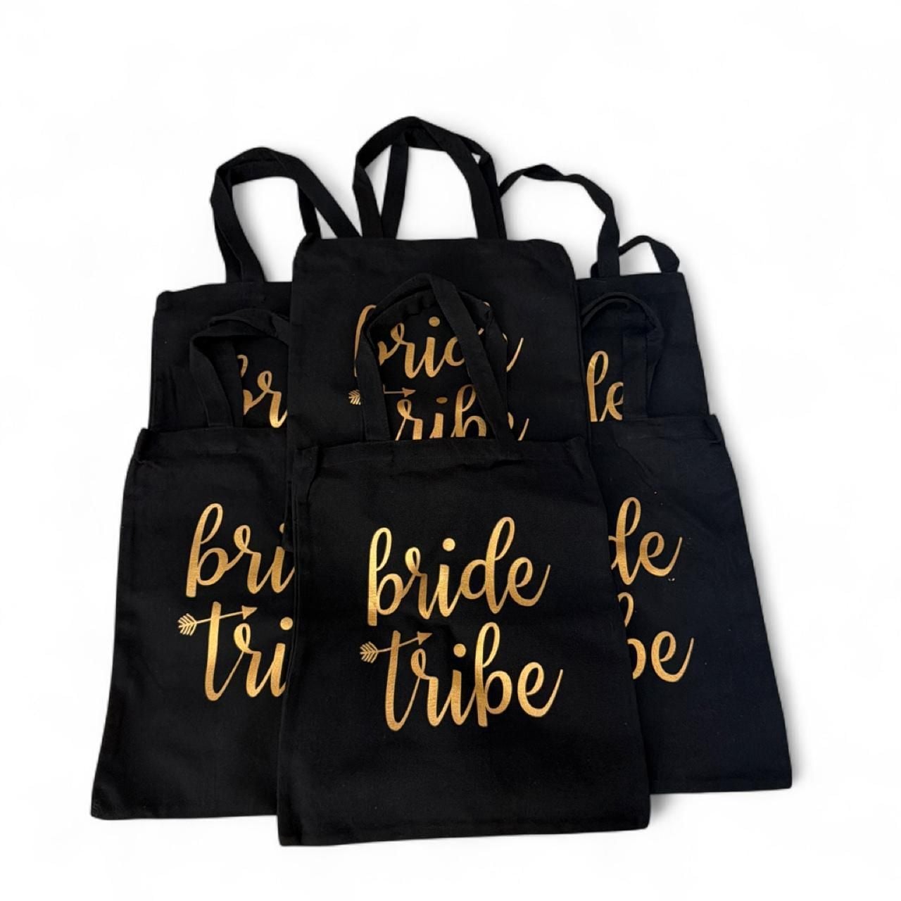 Set of 6 Bride Tribe Black Canvas Tote Bags Gold Lettering 1