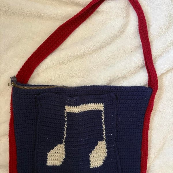Handmade Crochet Music Note Shoulder Bag Purse Navy Blue Red