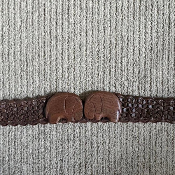 Vintage Brown Braided Leather Belt with Carved Wooden Elephant Buckle