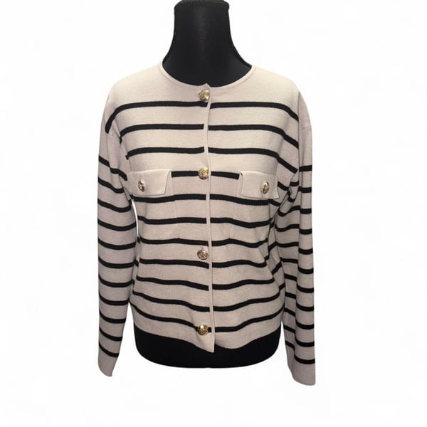 Primark Striped Knit Cardigan Sweater XS Cream Black Gold Buttons