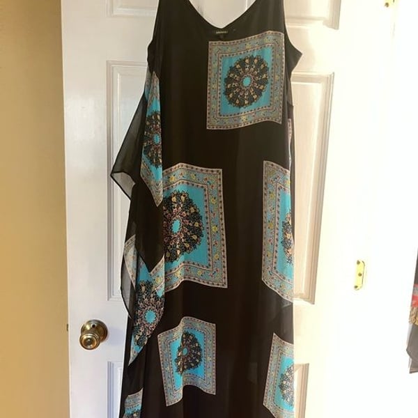 Black & Turquoise Printed Slip Dress