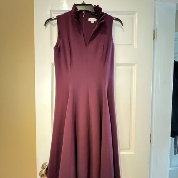 Calvin Klein Ruffled Neck A-Line Dress in Plum