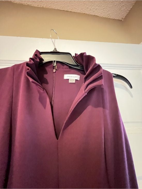 Calvin Klein Ruffled Neck A-Line Dress in Plum 5