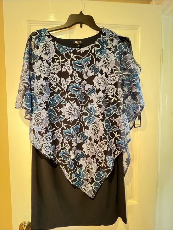 SLNY Black Dress with Blue and White Floral Overlay 2