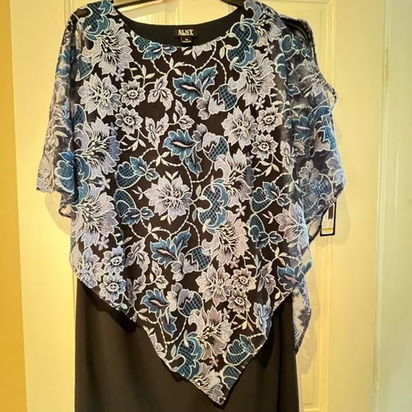 SLNY Black Dress with Blue and White Floral Overlay