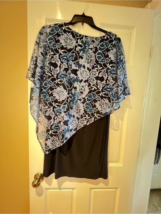 SLNY Black Dress with Blue and White Floral Overlay 3