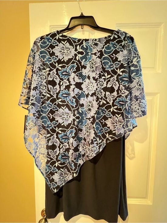SLNY Black Dress with Blue and White Floral Overlay 4