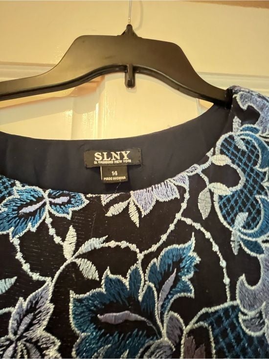SLNY Black Dress with Blue and White Floral Overlay 5