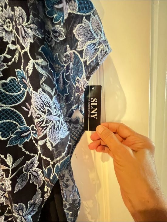SLNY Black Dress with Blue and White Floral Overlay 6
