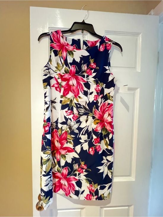 connected apparel Navy Floral Sheath Dress with Pink and White Blooms 2