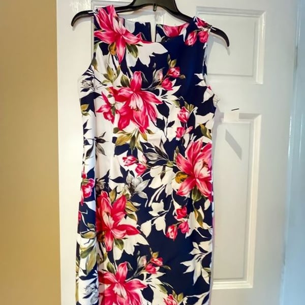 connected apparel Navy Floral Sheath Dress with Pink and White Blooms