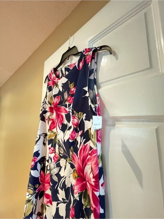 connected apparel Navy Floral Sheath Dress with Pink and White Blooms 3