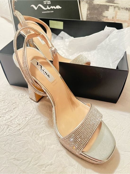 Nina Rhinestone Champagne Slingback Heels 2