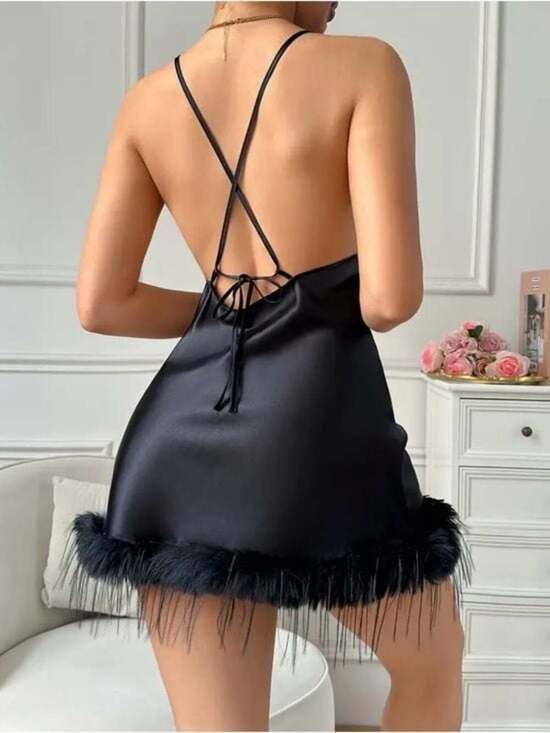 Black Feather Trim Satin Chemise - Women Intimates Medium 2