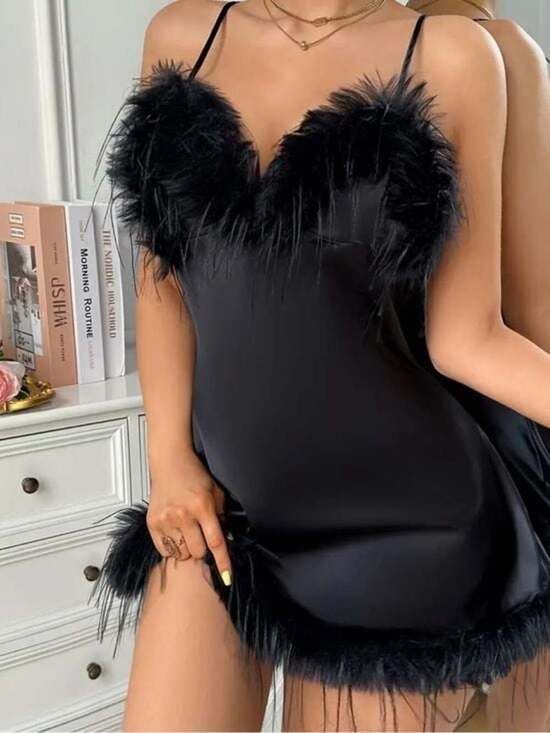 Black Feather Trim Satin Chemise - Women Intimates Medium 3