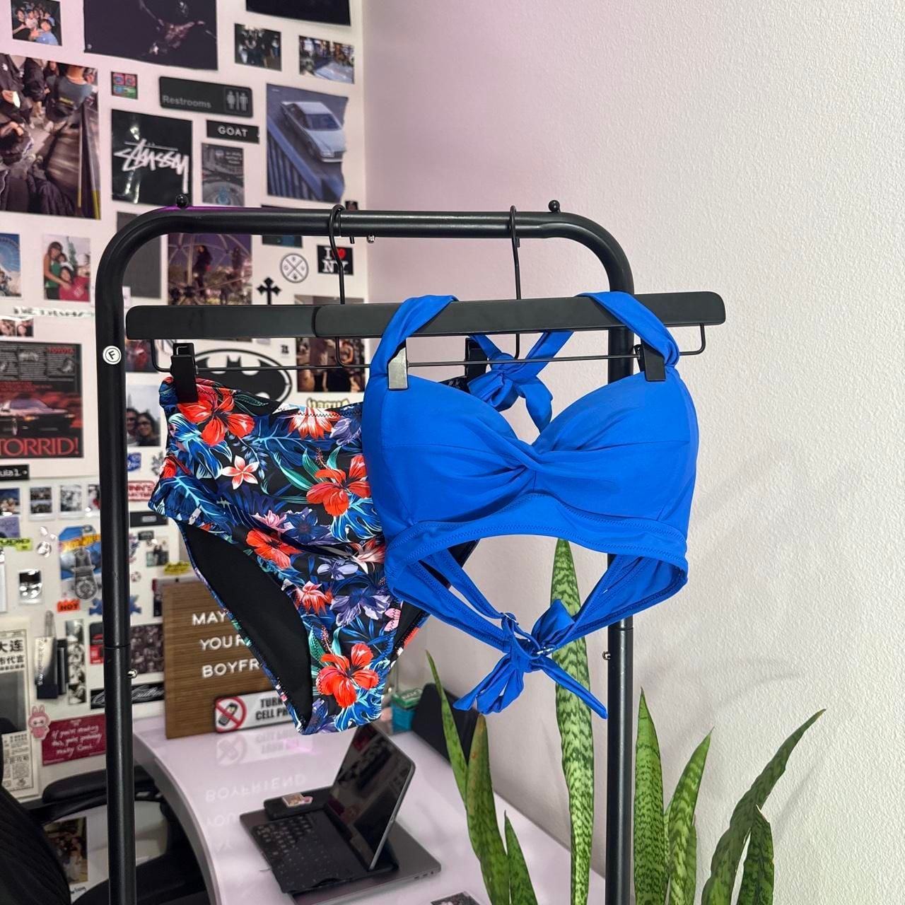 Unbranded Royal Blue and Floral High-Waisted Bikini Set 1