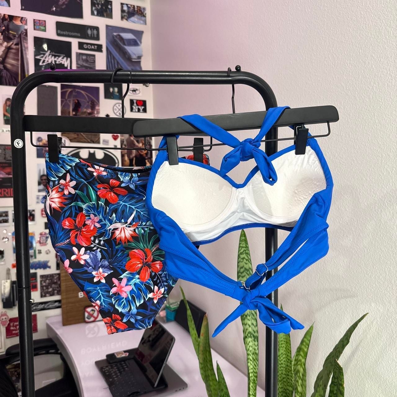 Unbranded Royal Blue and Floral High-Waisted Bikini Set 2