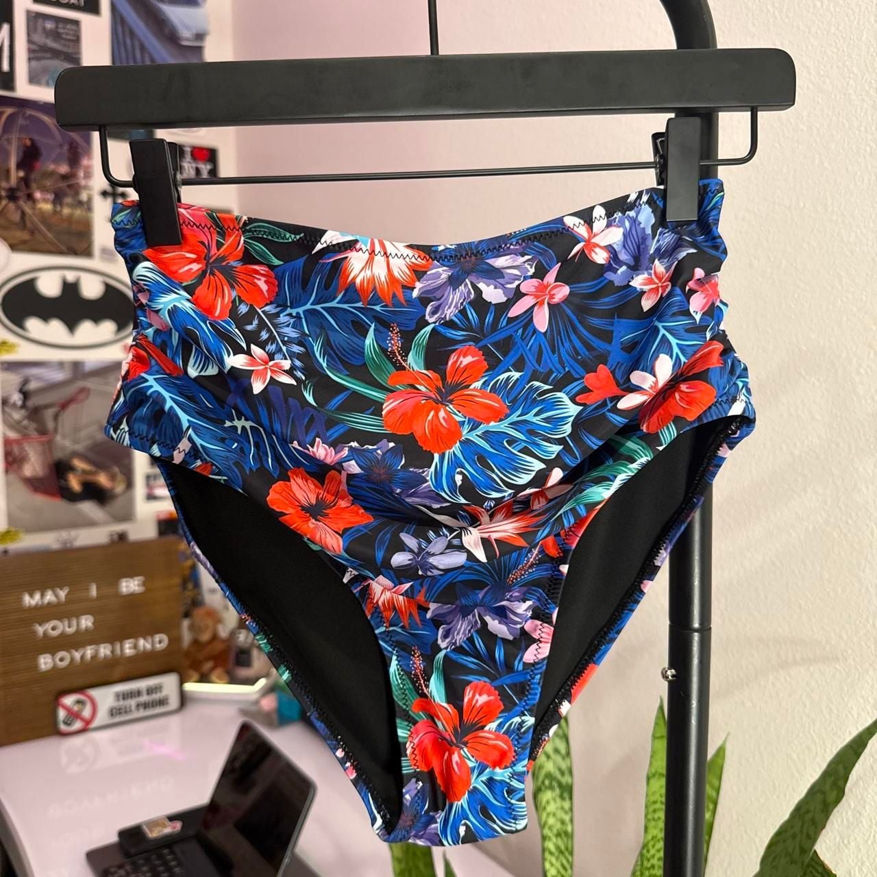Unbranded Royal Blue and Floral High-Waisted Bikini Set 5