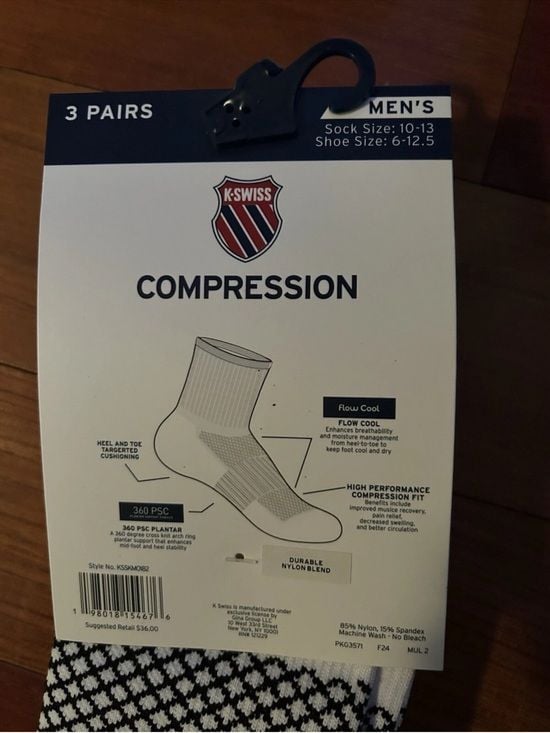 NWT K-SWISS Quarter Compression Athletic Socks - 3 Pack Sz 10-13 3