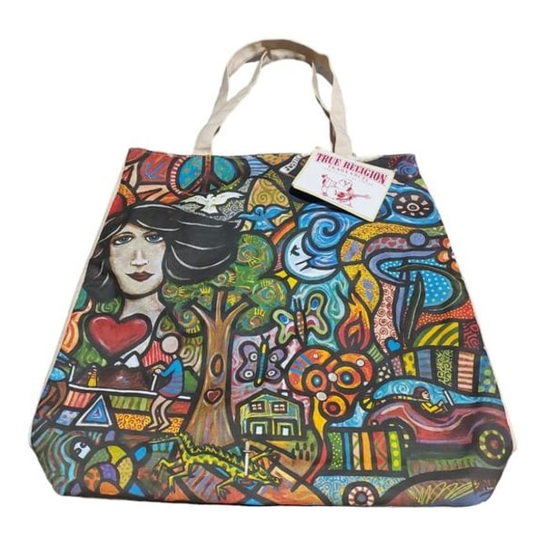 True Religion Gift Bag New Wave Colorful Canvas Shopper Tote Shoulder Bag