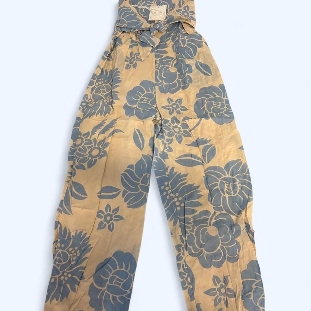 TBright Floral Jumpsuit Size L Blue Beige Wide Leg Tie Waist 1