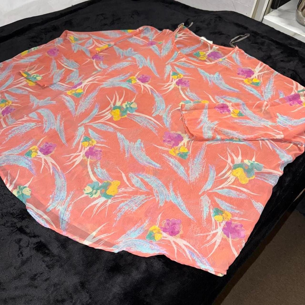 Peach Love California Floral Sheer Long Sleeve Blouse Coral Large 1