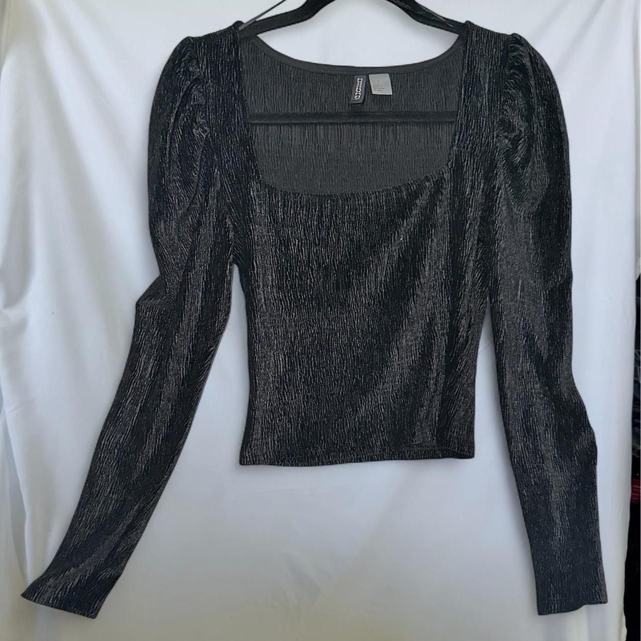 Divided H&M Black Metallic Shimmer Square Neck Long Sleeve Top 2