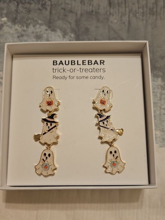 NWT BaubleBar Trick-or-Treaters Ghost Drop Earrings Halloween Enamel 2