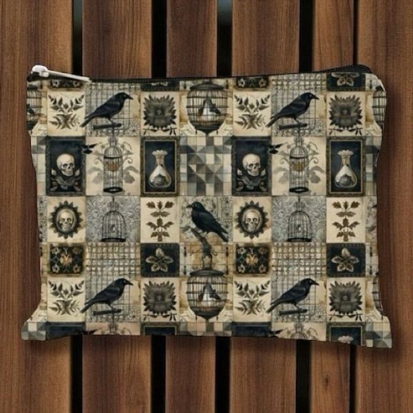Goth Raven Skull Quilt Block Pattern Cosmetic Bag