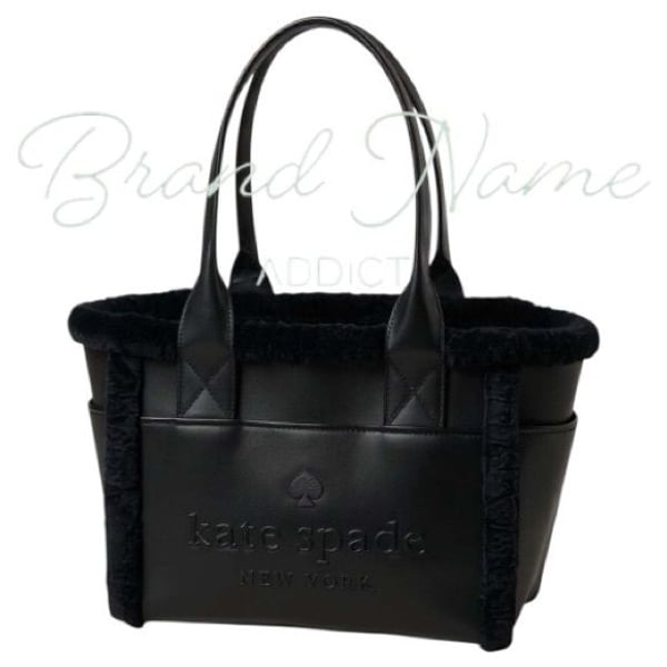 Kate Spade Large 17” Jett Black Faux Shearling Patent Leather Tote Bag
