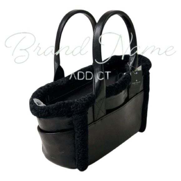 Kate Spade Large 17” Jett Black Faux Shearling Patent Leather Tote Bag 6