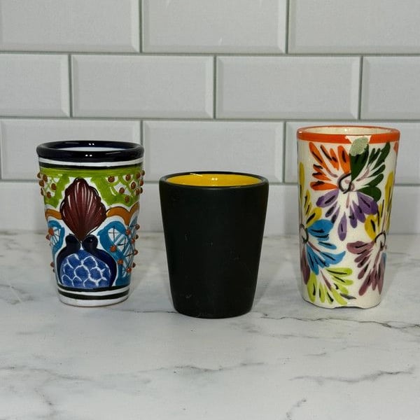 Vintage Mexican Style Hand Painted Ceramic Shot Glasses Set of 3