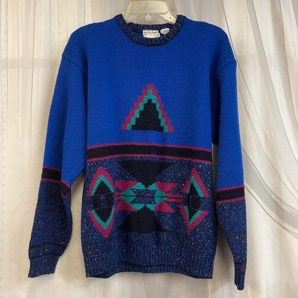 Concrete Jungle Blue Teal Geometric Pattern Men's Sweater Y2K 90s Western Wool B 2