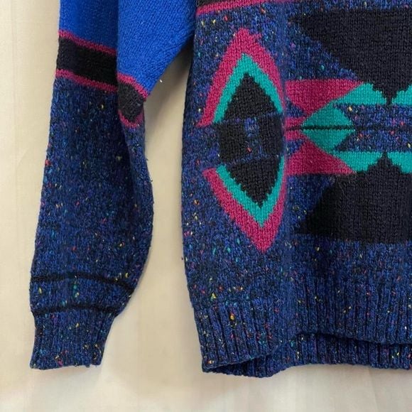 Concrete Jungle Blue Teal Geometric Pattern Men's Sweater Y2K 90s Western Wool B 3