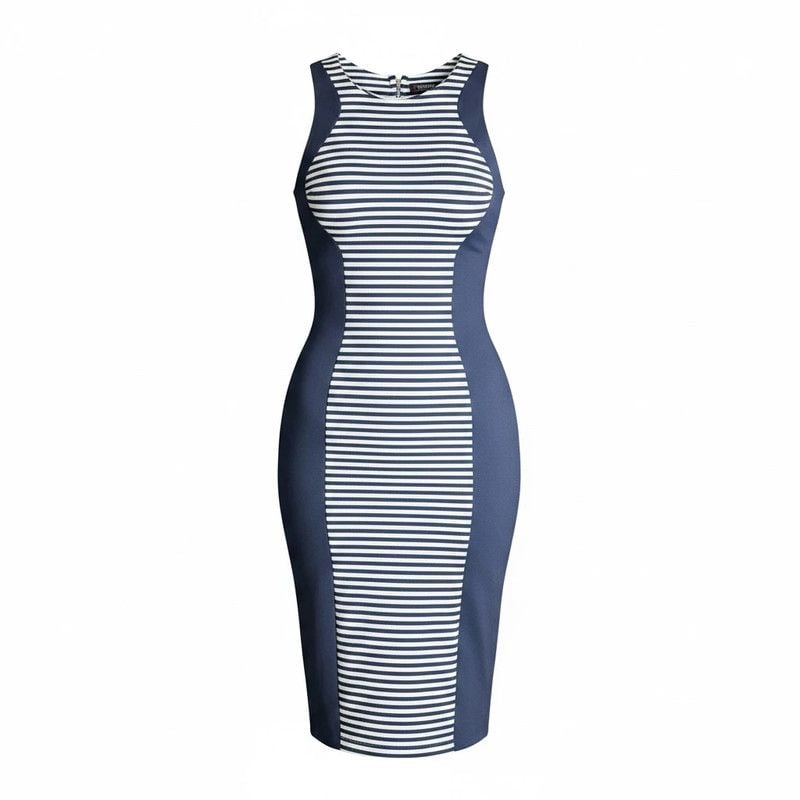 Poof Couture Navy Blue Striped Illusion Bodycon Sheath Dress 2X 3