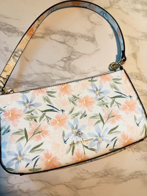 Nanette Lepore Floral Baguette Shoulder Bag Pastel Pink Blue EUC 3