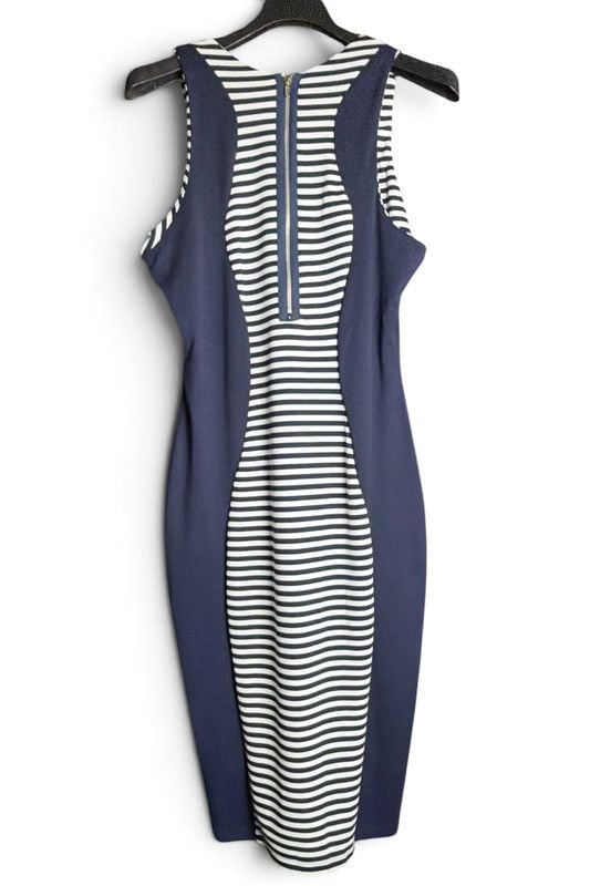 Poof Couture Navy Blue Striped Illusion Bodycon Sheath Dress 2X 4